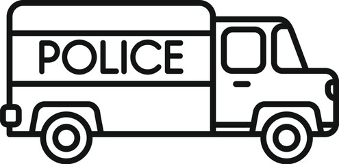 Simple black and white vector illustration of a police truck transporting prisoners in line art style