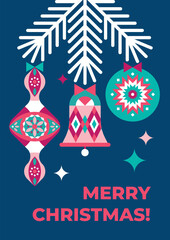 Beautiful Christmas background with creative abstract decorations hanging on a tree branch. Background, poster, flyer, banner, cover, invitation, label