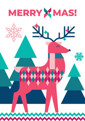 Obraz premium Christmas festive decorative background with fir trees, snowflakes and a magical deer with flashes shimmering in the horns. Poster, banner, flyer, invitation, postcard