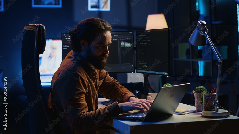 Poster computer scientist putting headphones on while developing code on pc, making time pass faster during