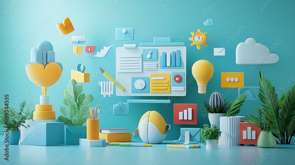 Poster 3d illustration of a creative workspace with colorful elements.