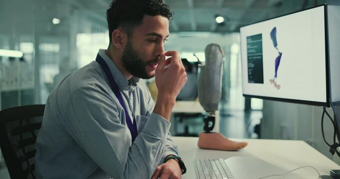 Man, scientist and headache in lab with computer for prosthetic leg design with robotics, nanotech or model. Person, programmer or engineer with burnout for futuristic project for bionic anatomy