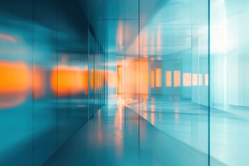 abstract blur modern interior inside entrance building of office in pale blue background with orange light effect concept , ai