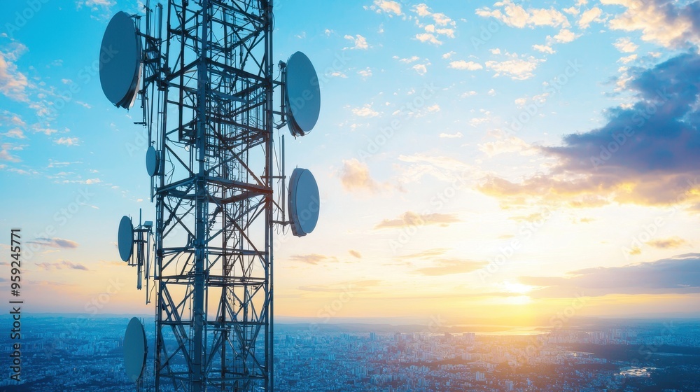 Wall mural Telecommunication Tower with Antennas and Sunset over Cityscape