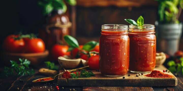 Two glass jars of homemade canned hot tomato sauce adjika on a wooden board with rustic table setting and accompanying items