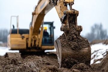 Fototapeta premium Earth mover: excavator at work, strength and engineering of construction equipment it carves out terrain, pivotal in site preparation and infrastructure development