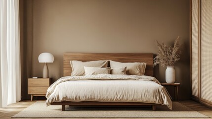 Experience a serene beige bedroom featuring a beautifully crafted wooden bed, soft pillows, and warm tones, creating a tranquil atmosphere ideal for relaxation and design inspiration