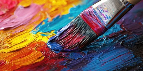 Obraz premium Closeup Paintbrush on Colorful Palette Acrylic Oil Artist Tools Art Supplies Creative Abstract Texture