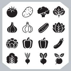 Set of vegetables black silhouette Carrot, potato, tomato, cucumber, onion, garlic, cauliflower, bell pepper, cabbage vector icon in white background.