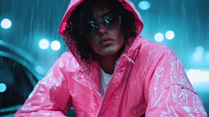 A person in a bright pink raincoat stands outside amidst an urban setting during a rainy evening,...