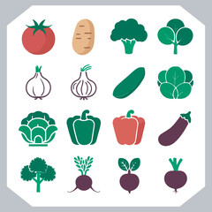 Set of vegetables black silhouette Carrot, potato, tomato, cucumber, onion, garlic, cauliflower, bell pepper, cabbage vector icon in white background.