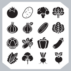 Set of vegetables black silhouette Carrot, potato, tomato, cucumber, onion, garlic, cauliflower, bell pepper, cabbage vector icon in white background.