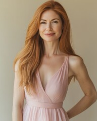 Elegant Redhead Woman in Pink Dress Smiling. Generative AI.
