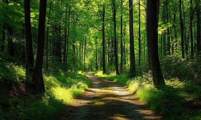 Obraz premium A Sunlit Path Through a Dense Forest