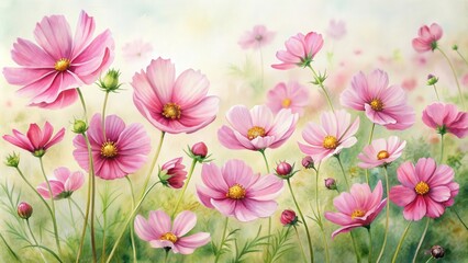 Fototapeta premium Watercolor painting of pink cosmea flowers, watercolor, pink, cosmea, flowers, floral, painting, artwork, garden, nature