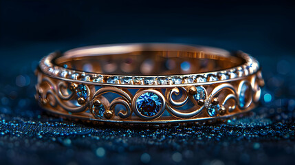 Gold Ring with Blue Gemstones on Blue Glitter Background - Photography
