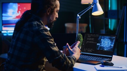 Data scientist updating artificial intelligence neural networks, writing complex binary code...