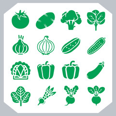 Set of vegetables black silhouette Carrot, potato, tomato, cucumber, onion, garlic, cauliflower, bell pepper, cabbage vector icon in white background.