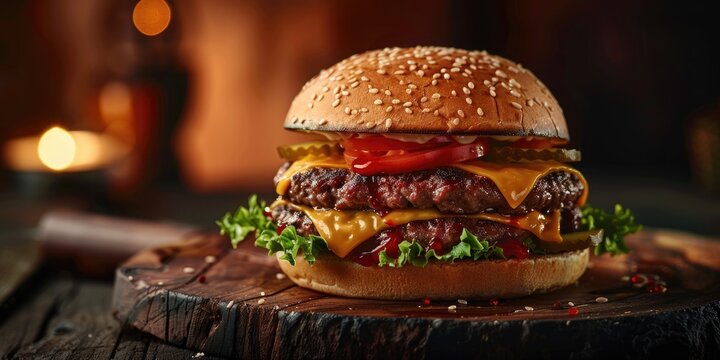 Indulge in a delectable cheeseburger creation on a rustic wooden platter set against a dark background ideal for culinary ventures