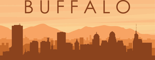 Brown panoramic poster of the city skyline with misty background buildings, sunrise, clouds and mountains of BUFFALO, UNITED STATES