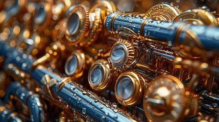 Closeup of a golden flute with water droplets on the keys.