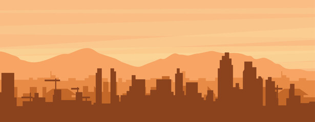 Brown panoramic poster of the city skyline with misty background buildings, sunrise, clouds and mountains of SAN DIEGO, UNITED STATES