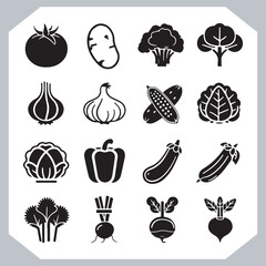 Set of vegetables black silhouette Carrot, potato, tomato, cucumber, onion, garlic, cauliflower, bell pepper, cabbage vector icon in white background.