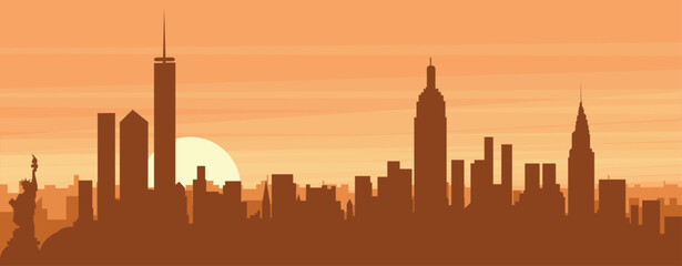 Obraz premium Brown panoramic poster of the city skyline with misty background buildings, sunrise, clouds and mountains of NEW YORK, UNITED STATES