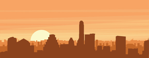 Brown panoramic poster of the city skyline with misty background buildings, sunrise, clouds and mountains of AUSTIN, UNITED STATES
