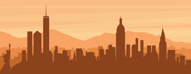 Brown panoramic poster of the city skyline with misty background buildings, sunrise, clouds and mountains of NEW YORK, UNITED STATES