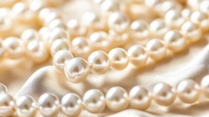 Elegant White Pearls on Silk Fabric Background