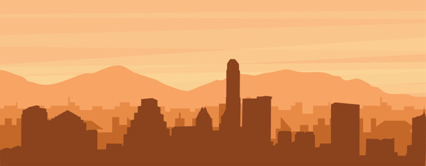 Brown panoramic poster of the city skyline with misty background buildings, sunrise, clouds and mountains of AUSTIN, UNITED STATES