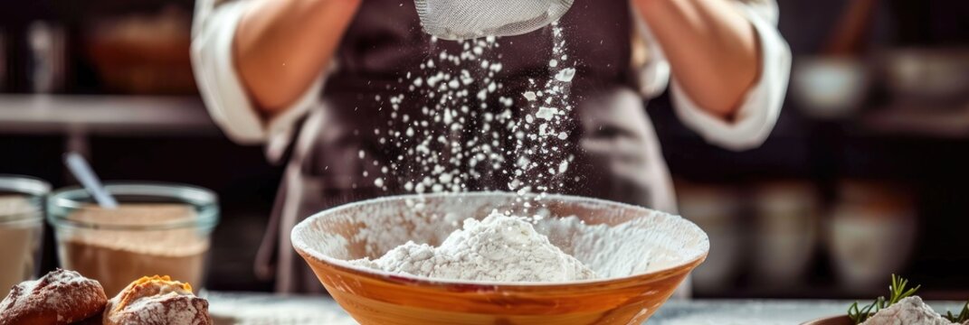 A chef using a sieve to sift powdered sugar over dough in a mixing bowl for baking bread and dessert recipes for a family bakery and online cooking classes.