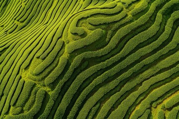 Fototapeta premium Aerial drone view of shapes of Cha Gorreana tea plantation at Sao Miguel, Azores, Portugal , ai