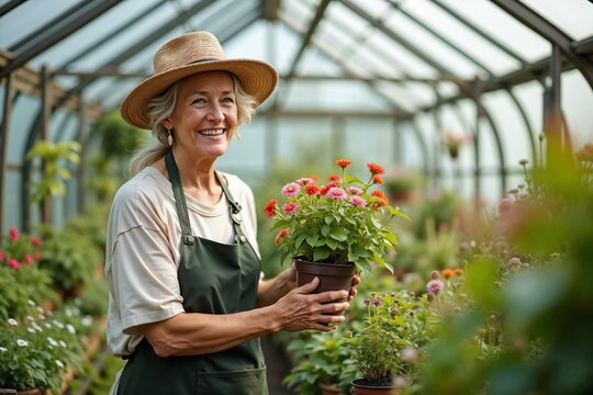 senior woman holding flowers in greenhouse garden