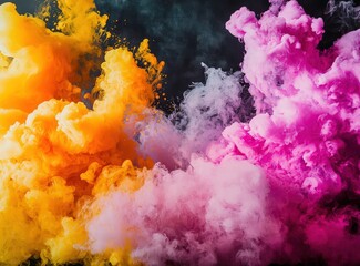 Abstract black backdrop featuring indigo and mustard ink with lime and pink smoke.