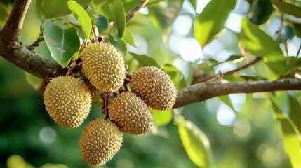 Durian Fruits Hanging on a Tree Branch