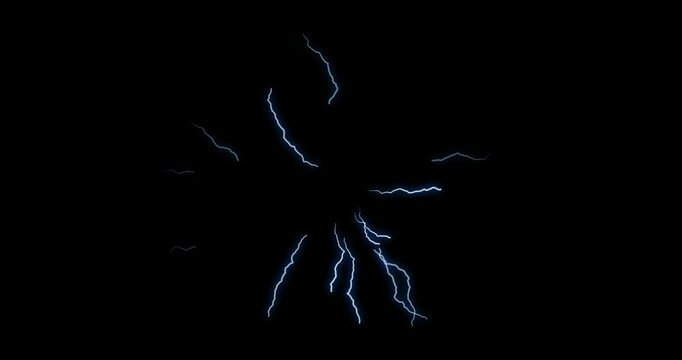 Lightning Thunder over solid black background (alpha channel). 4k resolution blue Strike of Electric Thunderstorm Overlay. Editable Graphic for Dramatic Storms and Bad Weather