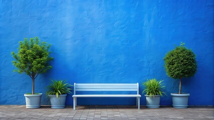 Bench and plants against a blue wall with sunlight in a courtyard, bench, plants, blue wall, sunlight, courtyard, outdoor