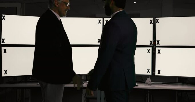 Business, men and handshake with computer screen for deal, mockup space and negotiation of promotion. People, meeting and introduction with onboarding welcome, investment b2b and tracking markers
