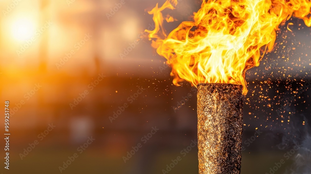 Canvas Prints Burning Torch with Sparks and Smoke Against Blurred Background