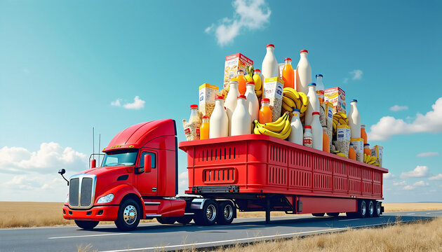 Red semi-truck carrying oversized grocery items in crates. For food industry marketing, logistics company advertising, or creative content about supply chain and distribution.