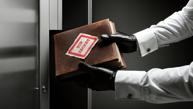 Business-suited arm removing "Top Secret" folder from office cabinet. corporate espionage, data theft, or insider threat. for cybersecurity, business crime, or corporate risk management themes. - Powered by Adobe