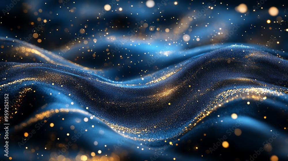 Poster abstract blue and gold background with bokeh.