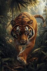 tiger prowling through a dense jungle