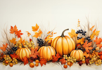 Drawing of pumpkin squashes and golden fall leaves for an autumnal feeling background
