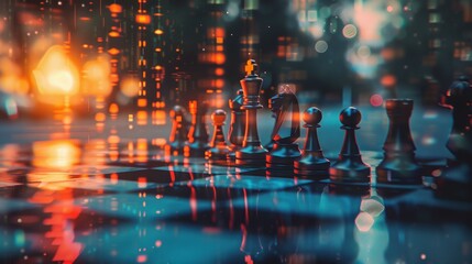 Creative chessboard with an overlaid growing forex chart on a blurry background, illustrating the concepts of trade, strategy, and stock market analysis through double exposure..