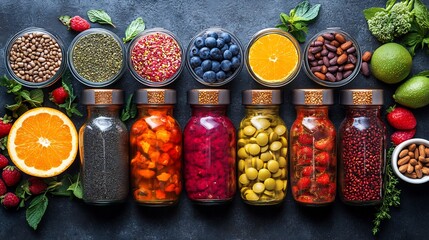 Nutrition endurance sports with a spread of healthy energyboosting foods supplements and hydration options