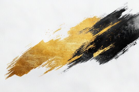 Contrasting black and white brush stroke on white, gold details.