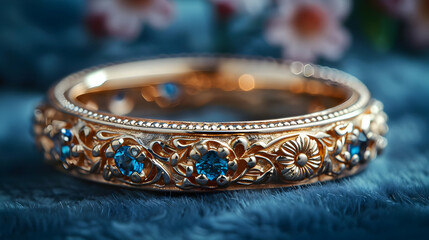 Gold Ring with Blue Gemstones and Floral Design - Close Up Photo